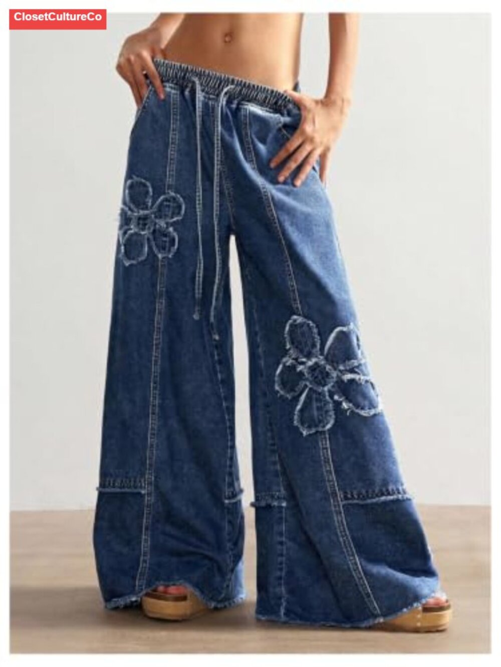 Y2K Baggy Wide Leg Boyfriend Jeans Low Rise Drawstring Loose Fit Denim Pants - Picture 3 of 5